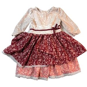 Maddie Kay Girls Boutique Dress 3T Pink Red Hearts Floral Lace Coquette Boho